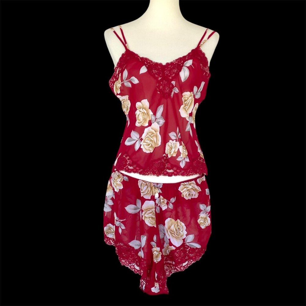 Victorias Secret Sheer Red Floral Roses Camisole Cami Tap Pant Set Sz S Lingerie